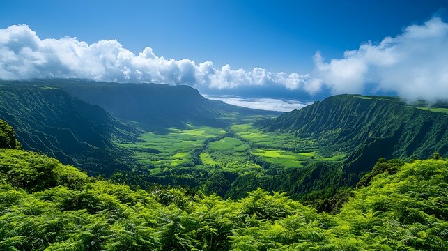 Clouds Rolling Over a Vast Green Valley Under a Blue Sky &ndash; Generative AI
