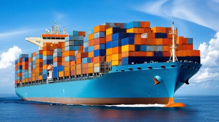 Large cargo ship filled with colorful shipping containers sailing on a body of water under a bright blue sky with white clouds. The ship is a light