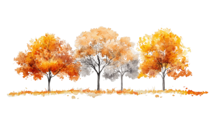 Watercolor painting of autumn trees with falling leaves on transparent background