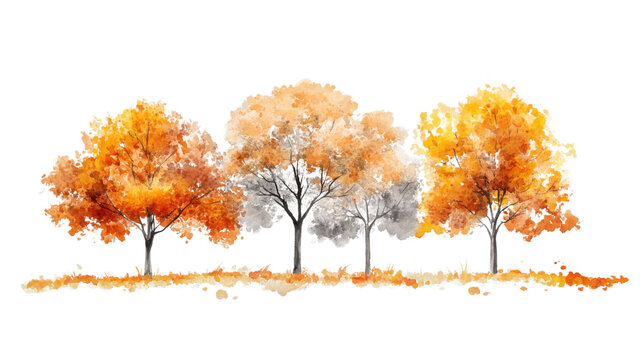 Watercolor painting of autumn trees with falling leaves on transparent background