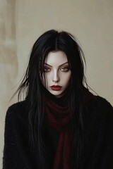 Fototapeta premium Mysterious Gothic Woman with Long Black Hair and Burgundy Scarf