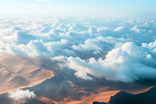 Capture a birds-eye view of desert dunes beneath fluffy clouds on a white backdrop