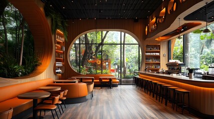 Stylish cafe interior with rounded booths, curved bar counters, and warm wooden tones
