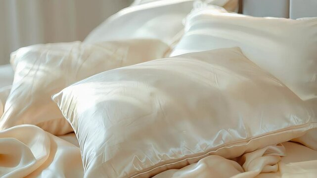 Sunlight illuminates beige silk pillows and sheets on a bed, creating a luxurious and comfortable atmosphere