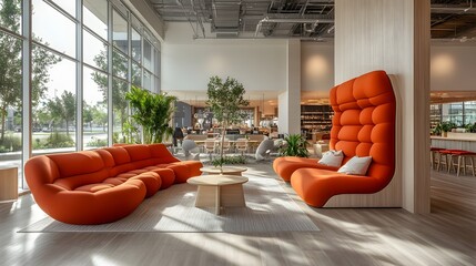 Stylish coworking space featuring curved seating areas, smooth architectural details, and natural light