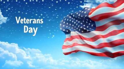 Veterans Day American Flag - Waving American flag against a blue sky with white clouds and stars, celebrating Veterans Day