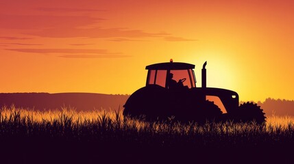 Fototapeta premium Silhouette tractor sunset field. Farm vehicle at golden hour. Possible use Stock photo for agriculture publications