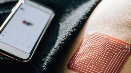 Detailed macro shot of skin featuring a smart tattoo that appears holographic with embedded sensors interwoven with organic patterns capturing realtime health metrics displayed on