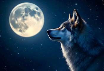 Majestic Wolf Howling at Night Under Full Moon