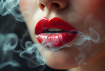 Sensual Red Lips Exhaling Smoke Dramatic Closeup