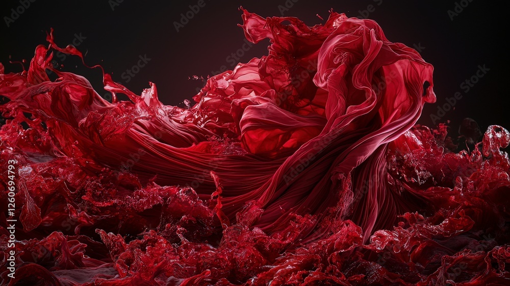 Poster crimson red flowing mass of liquid art abstract studio digital art dark background close-up fluid mo