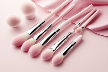 Obraz premium Pink makeup brushes on a satin backdrop