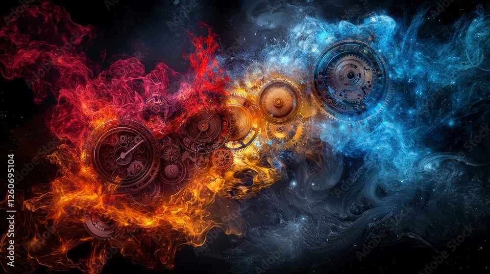 Poster Cosmic clockwork mechanisms fusion abstract art digital illustration space dynamic perspective surreal concept