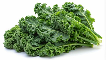 Fototapeta premium Fresh Kale Leaves on White Background - A bunch of fresh kale leaves, ideal for healthy eating, organic food, and plant-based cooking.