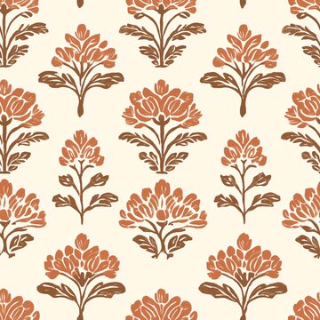 A traditional Indian block print pattern with repetitive floral designs in earthy tones --tile