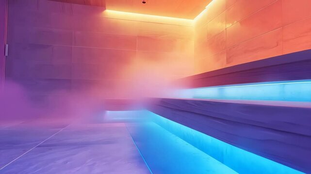 Vibrant LED lighting spreading through steamy hammam, highlighting wooden surfaces and creating serene wellness environment with soft colored glow