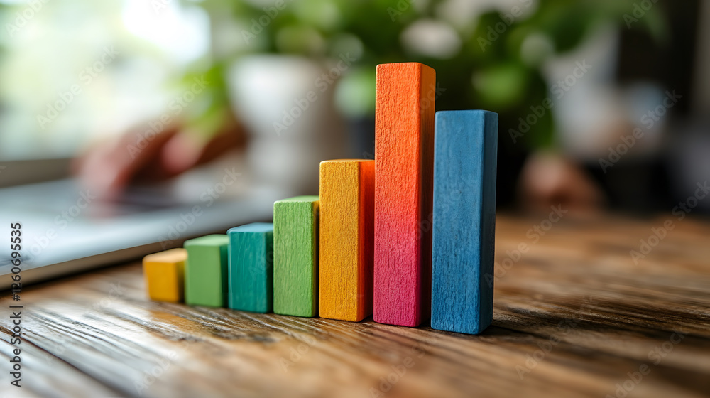 Poster A colorful bar graph made of wooden blocks displays growth, set against a blurred background of greenery and a workspace
