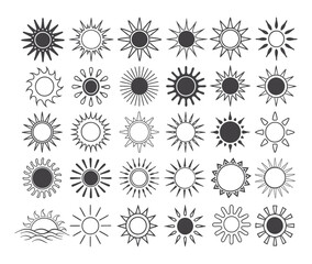Sun icon set, sunshine and solar glow, Sunrise or sunset, Sun icons isolated on white background, Sun vector illustration