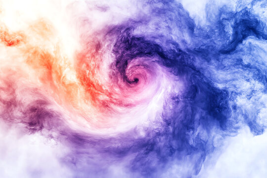 Capture a vibrant, swirling galaxy of clouds in time lapse from a worms-eye view on a solid white background