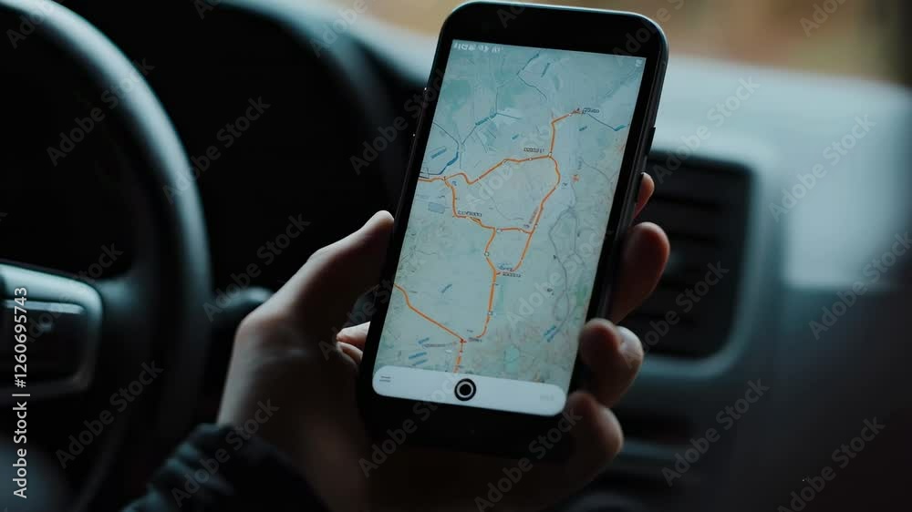Poster tourist using mobile gps navigation while driving, discovering unfamiliar routes during road trip wi