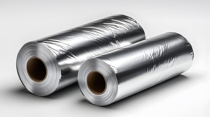 Fototapeta premium Two rolls of shiny aluminum foil are displayed, showcasing their smooth surfaces and cylindrical shapes, ideal for cooking and food storage