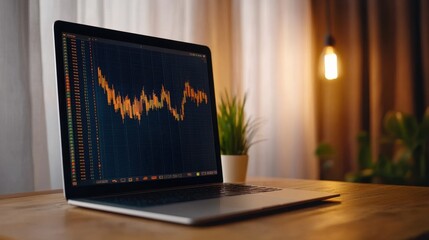 A laptop displaying a financial chart sits on a wooden table, with a plant and warm lighting in the background, creating a cozy workspace atmosphere.