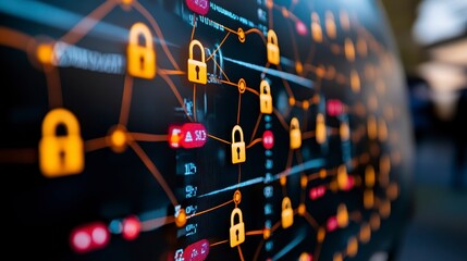 Digital Network Security Concept with Lock Icons and Data Flow