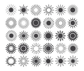 Sun icon set, sunshine and solar glow, Sunrise or sunset, Sun icons isolated on white background, Sun vector illustration