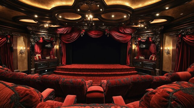 A high-tech home theater with plush seating, surround sound, and a large screen.