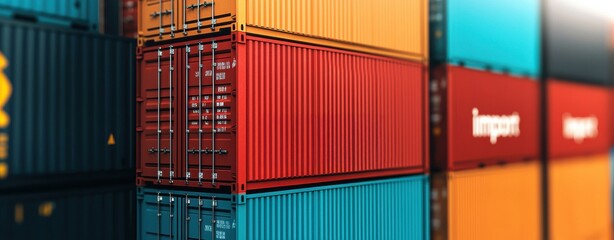 Fototapeta premium A colorful stack of shipping containers, showcasing various colors and labels, indicative of import and export activities in logistics and trade.