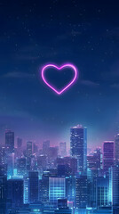 A vibrant city skyline at night with a glowing heart symbol in the sky.