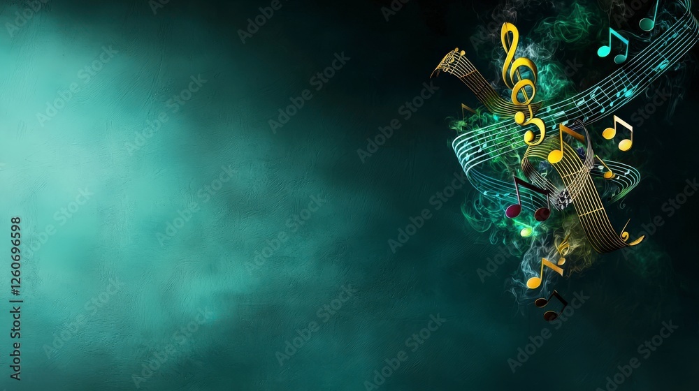 Poster Close-up view of floating musical notes in a colorful abstract digital art scene
