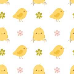 Cute baby chicks with little flowers seamless pattern. Easter prints, kids fabric and textile 