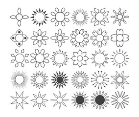 Sun icon set, sunshine and solar glow, Sunrise or sunset, Sun icons isolated on white background, Sun vector illustration