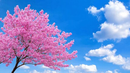 Pink blossom tree against a clear sky with fluffy clouds, springtime scenic view, vibrant pink flowers, lush branches, sunny day, pastel colors