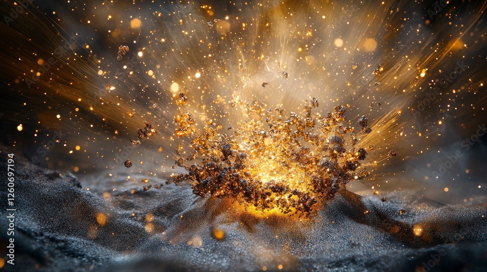 Poster explosive gold light spots dispersing from impact abstract environment digital art dynamic viewpoint