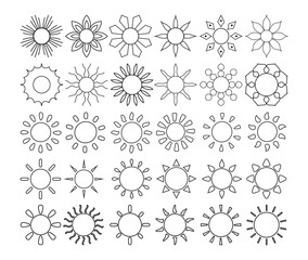 Sun icon set, sunshine and solar glow, Sunrise or sunset, Sun icons isolated on white background, Sun vector illustration