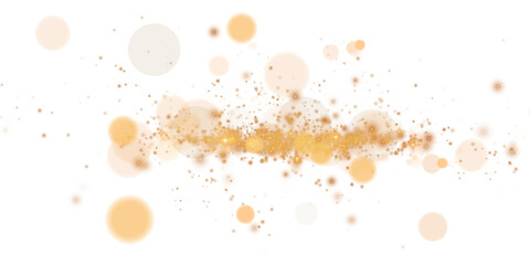 Glowing golden bokeh circles. Christmas background. Powder. Magic shining gold dust. Fine, shiny dust bokeh particles fall off slightly. Fantastic shimmer effect. PNG.
