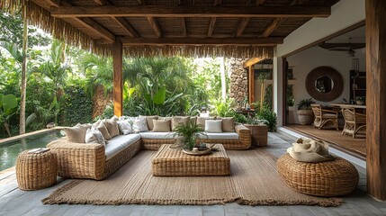 Fototapeta premium Tropical-inspired outdoor living space with rattan furniture, bamboo decor, and exotic plants