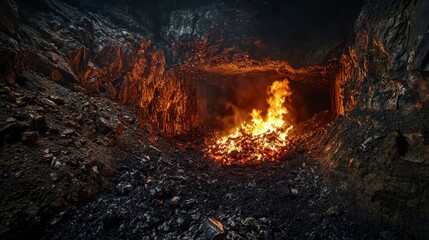 Intense fiery light from burning coals in an abandoned mine dramatic visuals dark environment captivating viewpoint