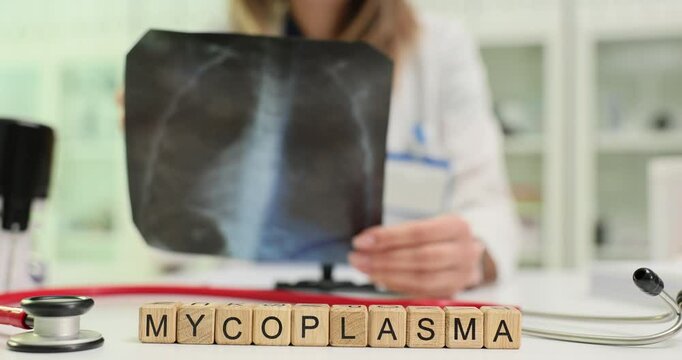 Woman doctor examines X-ray image of lungs of patient. Female physician analyzes lung structure for signs of Mycoplasma infection. Slow motion