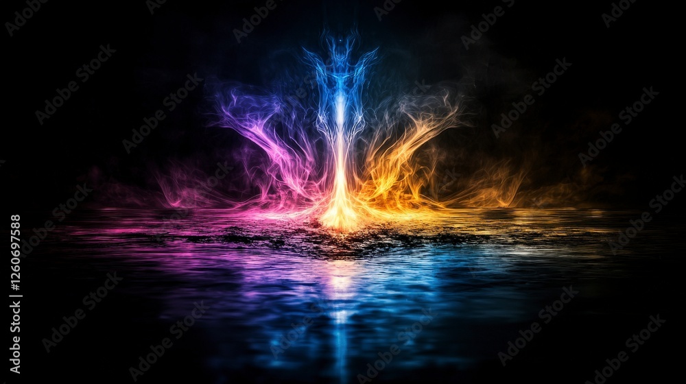 Poster colorful light beams radiating in different directions abstract visual art dark environment artistic