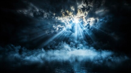 Light beams piercing through thick fog over calm waters nature scene mystical atmosphere serene landscape