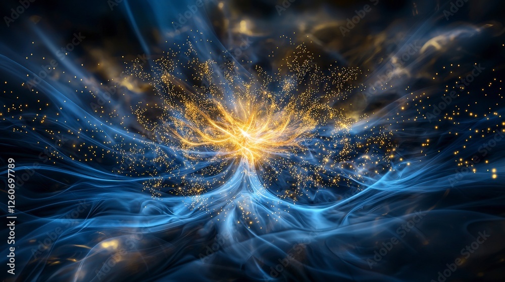 Poster expanding soft glowing dots of gold light in cosmic space fantasy digital art mystical environment d