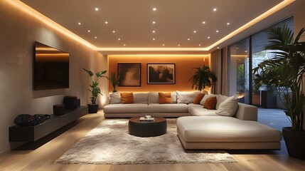 Elegant living room blending vintage wooden furniture with sleek modern accents and soft lighting