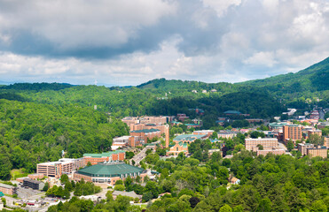 Fototapeta premium Historical American town Boone North Carolina Appalachian mountains. Old townscape architecture in Watauga County, USA. Streets and historic buildings from above
