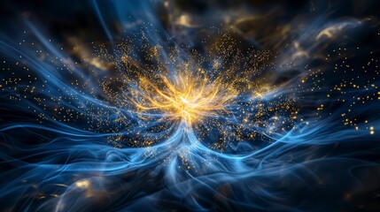 Expanding soft glowing dots of gold light in cosmic space fantasy digital art mystical environment digital viewpoint