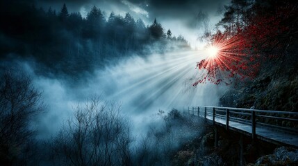 Fototapeta premium Soft rays of light breaking through mist in a serene forest nature photography tranquil atmosphere enigmatic view