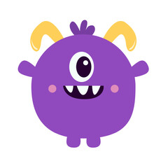 Violet monster icon. Happy Halloween. Cartoon kawaii funny character. Colorful silhouette monsters. Cute face with teeth, ears, eyes, hands. Childish collection. Flat design. White background. Vector