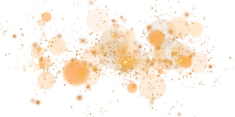 Glowing golden bokeh circles. Christmas background. Powder. Magic shining gold dust. Fine, shiny dust bokeh particles fall off slightly. Fantastic shimmer effect. PNG.